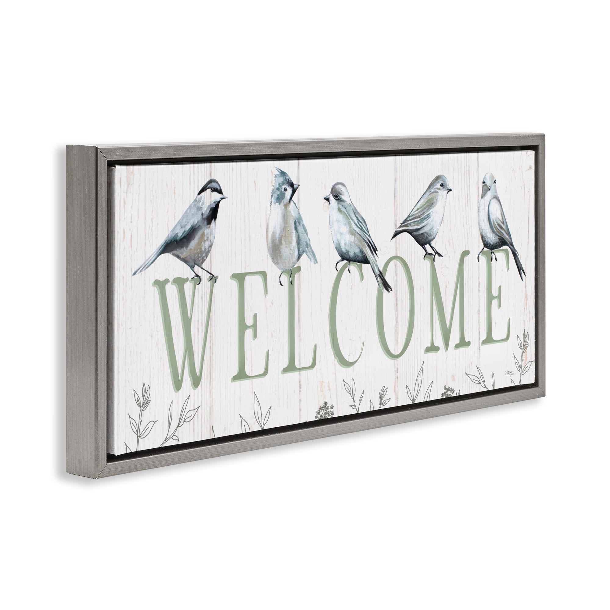 Stupell Industries Delicate Welcome Birds Gray Framed Floater Canvas Wall Art, design by Elizabeth Tyndall