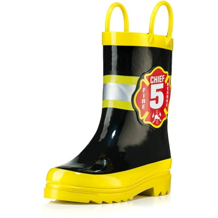 

Puddle Play Waterproof Toddler and Little Kids Yellow Fire chief Rubber Rain Boots With Easy-On Handles - Size 13 Little Kid