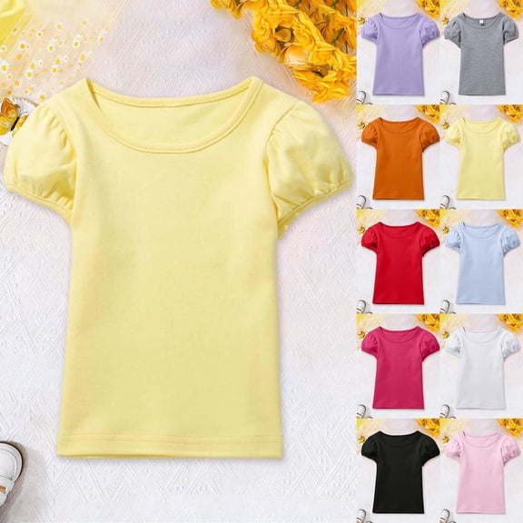 RTKFRFLM Girls Cotton Bubble Sleeve T-Shirt Fashion Short Sleeve Tee Top for Kids Girls Summer School Daily Wear Soft Breathable Cotton Casual Princess Tee Red 9-10 Years