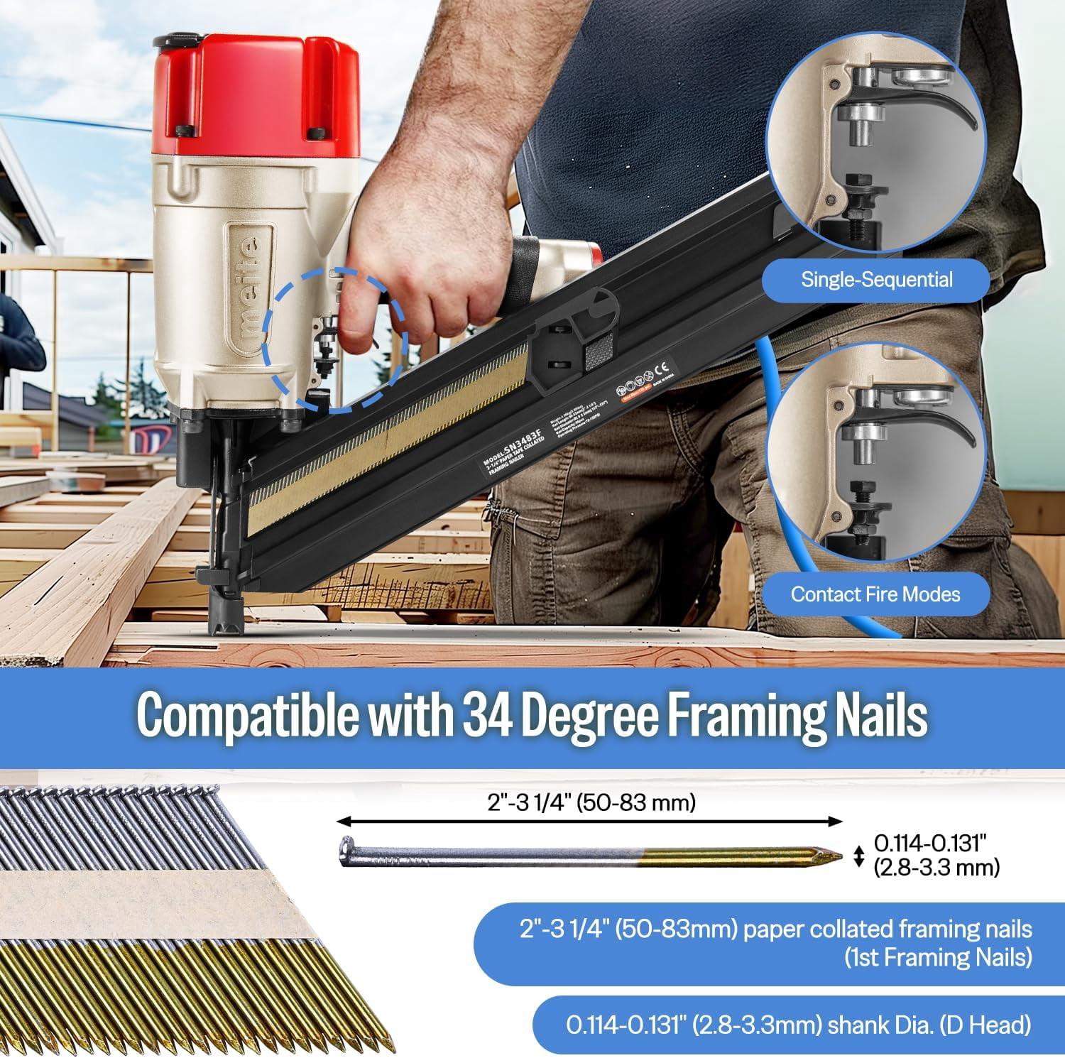 MEITE SN3483F Pneumatic Framing Nailer Accepts 2-Inch up to 3-1/4-Inch with 30 Degree Angled Paper Collated Framing Nails