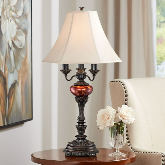 Barnes and Ivy Rhys Traditional 3-Way Table Lamp 34" Tall English Bronze Tortoise Shell Glass Off White Bell Shade for Bedroom Living Room Bedside Office