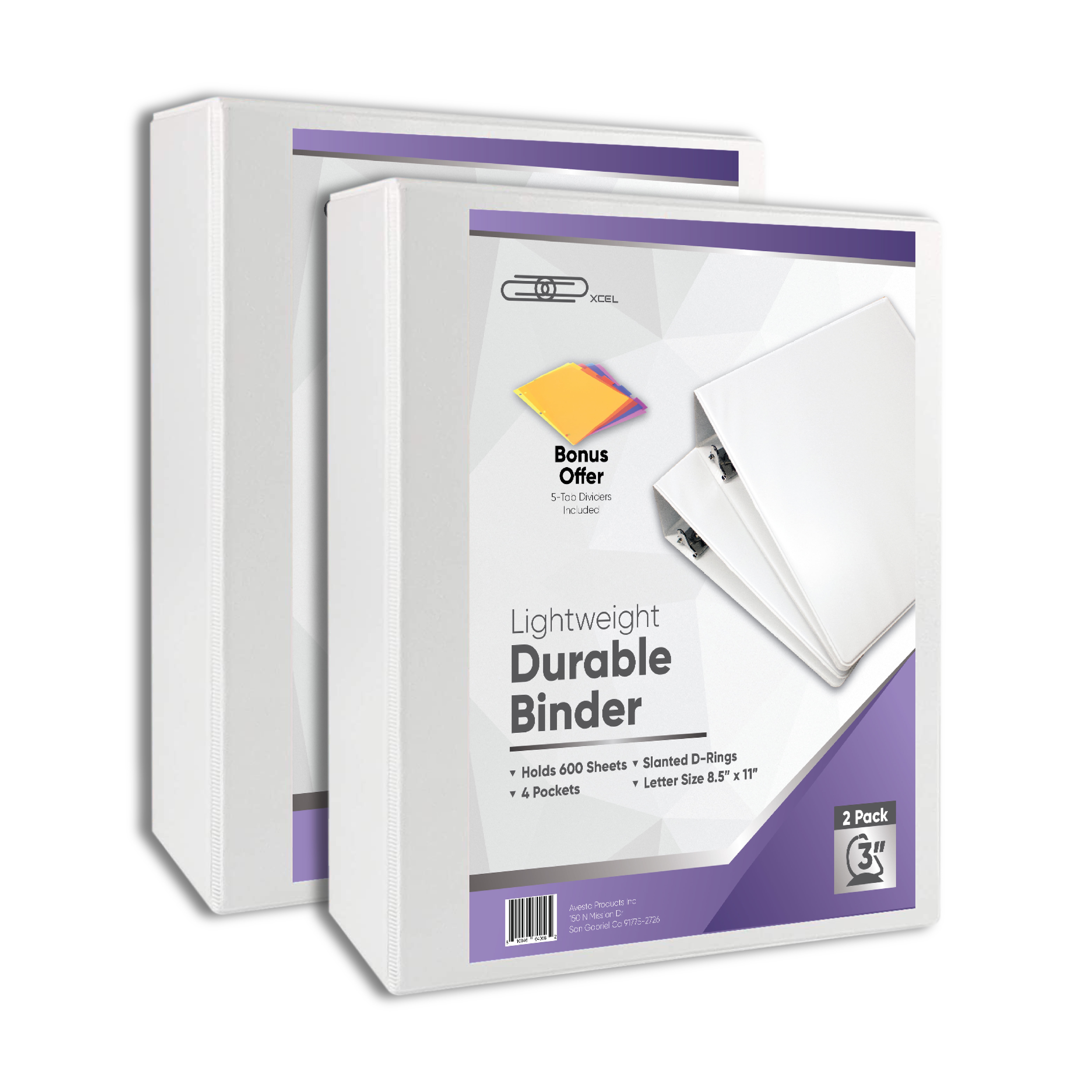 Xcel 3' Lightweight Durable Binder, 3' D-Ring Binder, White, 2 Pack, Includes 5 Binder Dividers