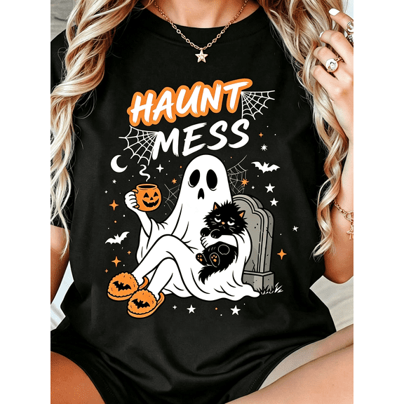 Haunt Mess Print Halloween Graphic T‑Shirt Spooky Ghost Black Cat Pumpkin T shirt Women Clothing Women Halloween T shirt