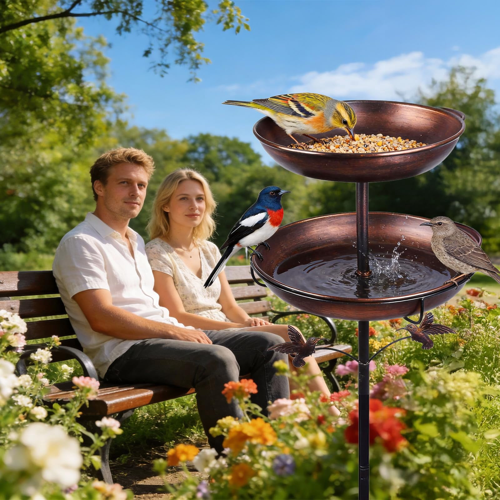 SLUMLOVE Metal Bird Bath for Outside, Rustproof Outdoor Bird Feeder, 45" Vintage Metal Birdbath with Reinforced 5-Prong Base for Garden and Patio Decor, Double Bowl Design