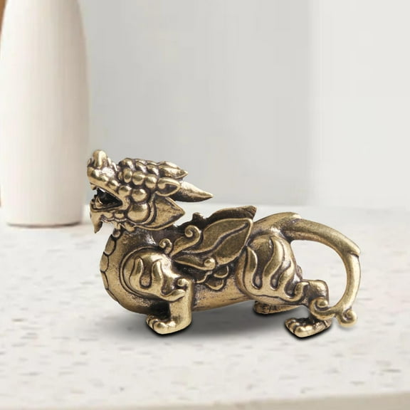 Feng Shui Brass Kylin Statue Figurines Crafts Antique Exquisite Copper Animal Sculpture for Centerpiece Shelf Bar Bedroom Decoration