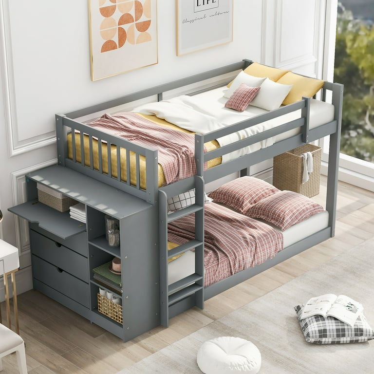 CLEARANCE Twin over Twin Bunk Bed with Attached Cabinet and