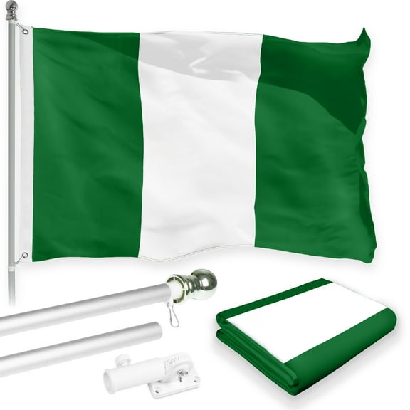 G128 Combo Pack: 6 Feet Tangle Free Spinning Flagpole (Silver) Nigeria Nigerian Flag 3x5 ft Printed 150D Brass Grommets (Flag Included) Aluminum Flag Pole