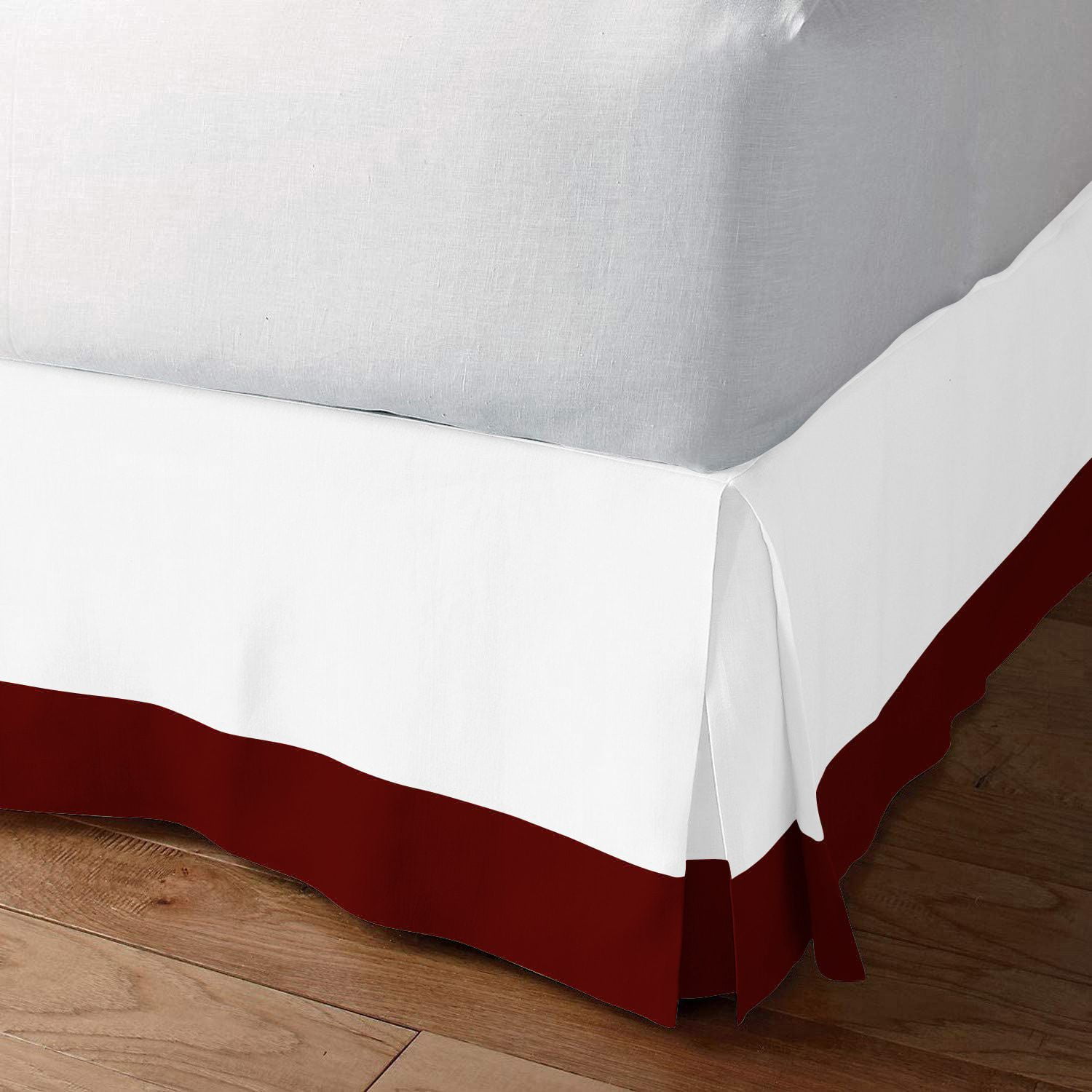 1 Piece Split Corner Two Tone Tailored Bed Skirt By D.N.G. BEDDINGS, Twin Size 18 Inch Deep Pocket, 800 TC, 100% Egyptian Cotton, Solid White/Burgundy Color.