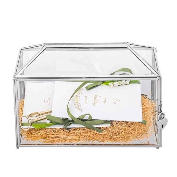 Caja de cristal para tarjetas de boda NCYP plateada con ranura y cierre, 32 x 15 x 23 cm