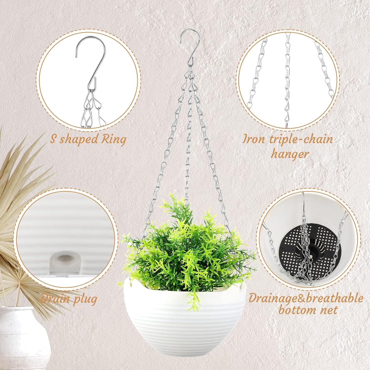 3 Pcs Hanging Planter Pots,Rongsi 8 inch Self-Watering Round Hanging Basket with Water Tray and Metal Chain,Succulent Flower Plant Pot Container for Indoor Outdoor Garden Balcony Wall Decor,White