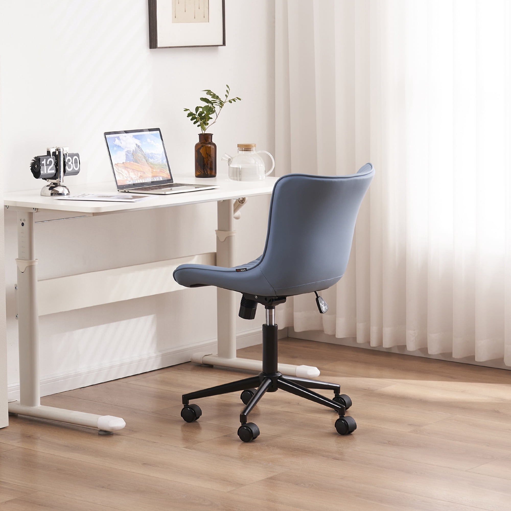 YOUNIKE Modern Office Chair with Wheels Adjustable Ergonomic Desk Task Chair in Mid-Back Blue PU Design