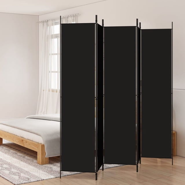vidaXL 5-Panel Room Divider Black 250x220 cm Fabric displayed in a modern bedroom setting. The divider features a black polyester fabric stretched over a sturdy iron frame, offering a clean and simple look. Each panel measures 46.5 x 198 cm, and the foldable design allows for easy storage. Positioned near a bed and window, it demonstrates its versatility for creating private spaces or blocking sunlight.