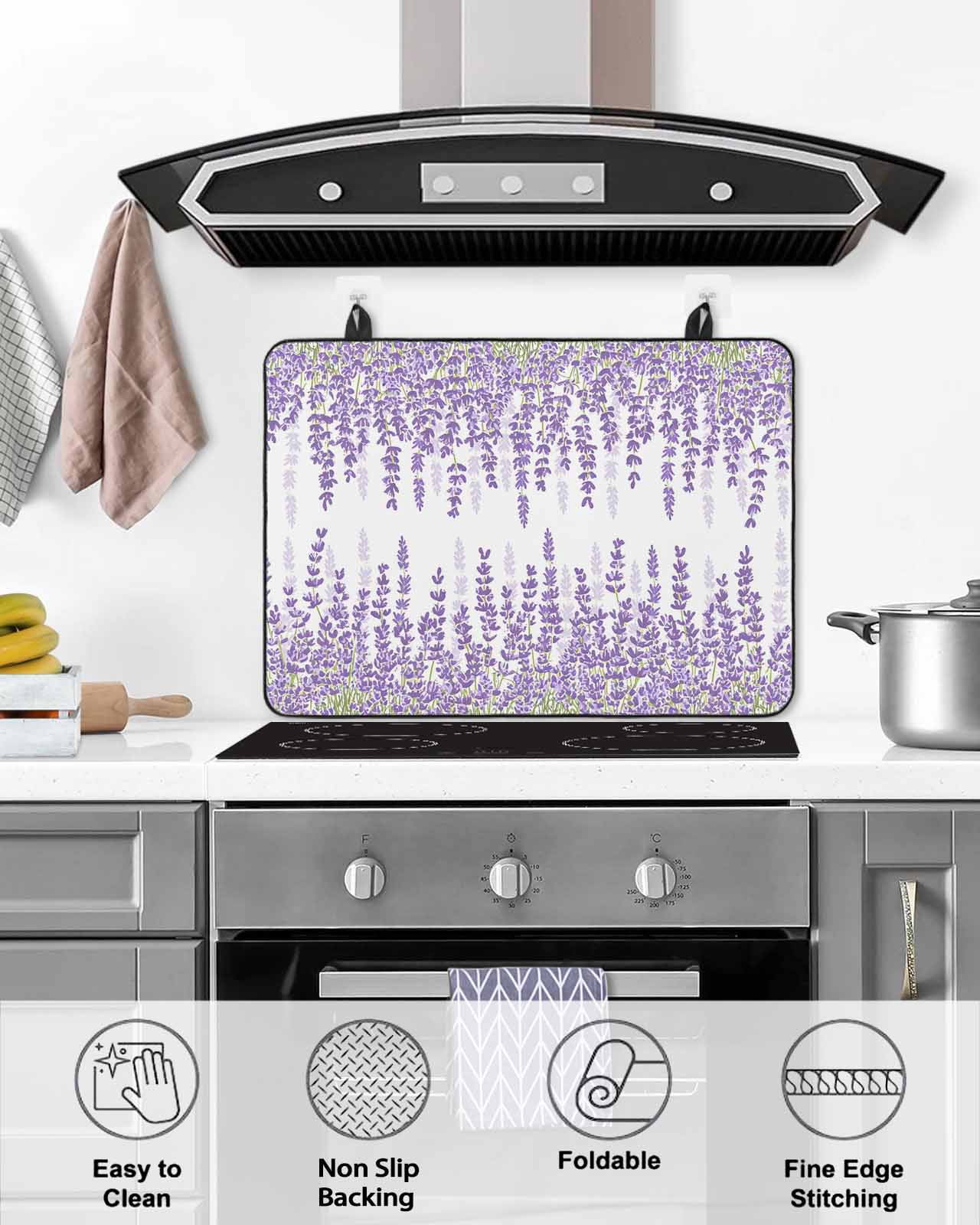 Large Induction Cooktop Protector Mat Lavender Stove Top Covers for Electric Stove, Spring Botanical Purple Flowers Leaves Plants Decorative Stove Burner Cover Mats, Glass Top Stove Cover