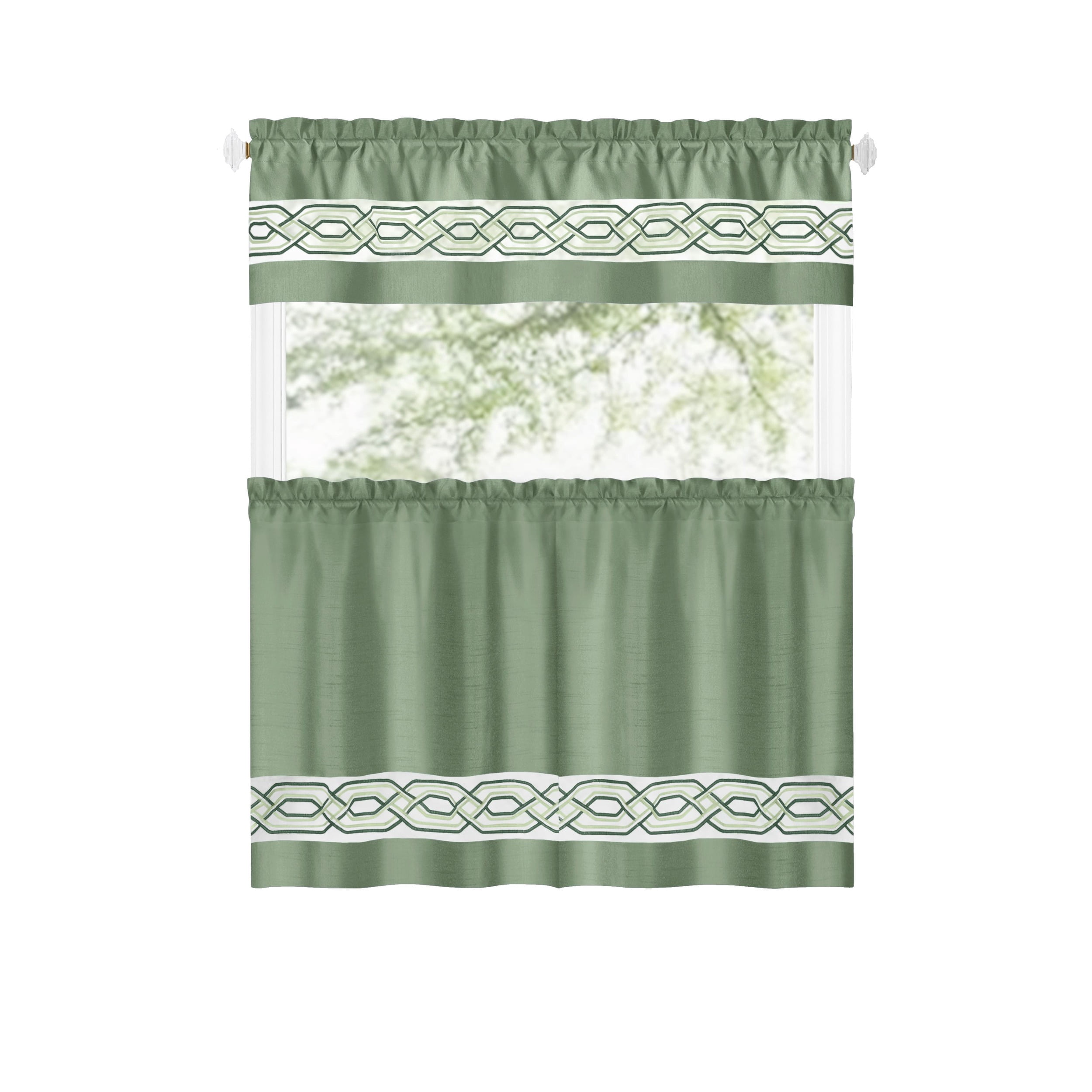 Achim Paige Rod Pocket Light Filtering Tier and Valance Curtain Set, Green, 55" x 36"