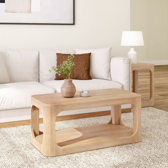 Plank Beam Solid Wood 40" Modern Rectangular Coffee Table with Storage Shelf, Blonde