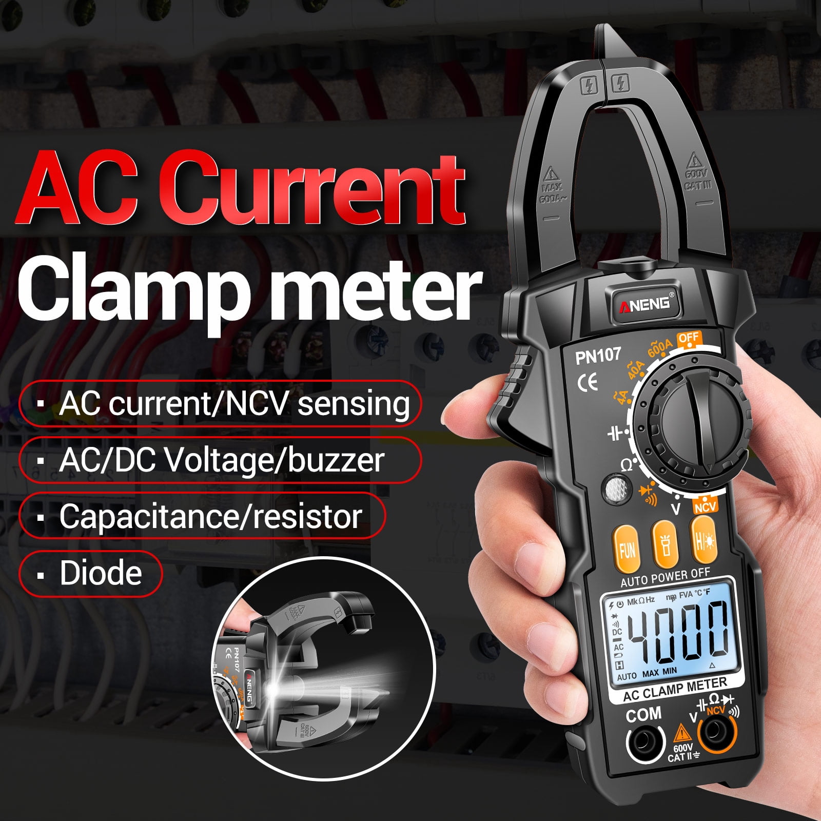 ANENG PN107 Digital Clamp Meter CAT II 600V AC Voltage Multimeter Tester 4000 Counts Amp Voltage Tester Measures AC/DC Current AC Voltage Resistance Capacitor Diodes
