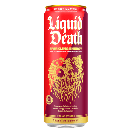 (12 pack) Liquid Death Sparkling Energy - Murder Mystery (Cherry, Cream, Spice), Zero Sugar Energy Drink, Unextreme Caffeine 100mg, Essential Vitamins, 12 fl oz