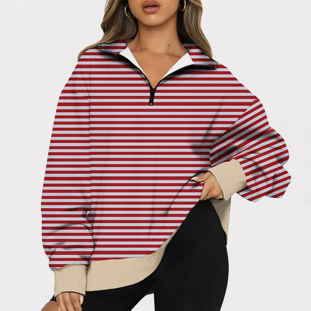 TIMIFIS Chandails en Molleton à Fermeture Éclair pour Femmes Décontracté Rayé Imprimé Col en V Chandail Automne Hiver Manches Longues