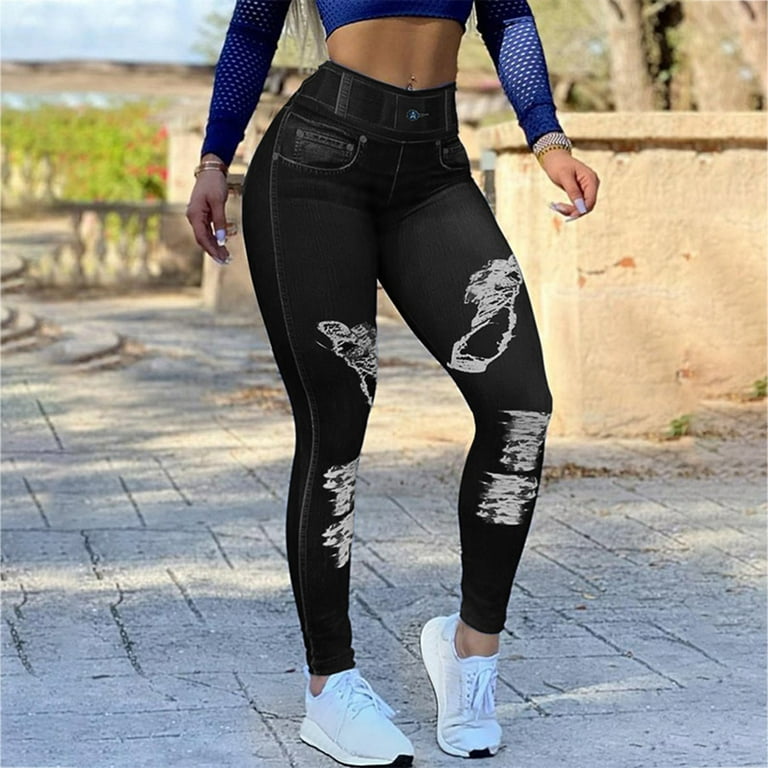 Lolmot Ladies Plus Size Printed Faux Jeans Hip Lifting Yoga