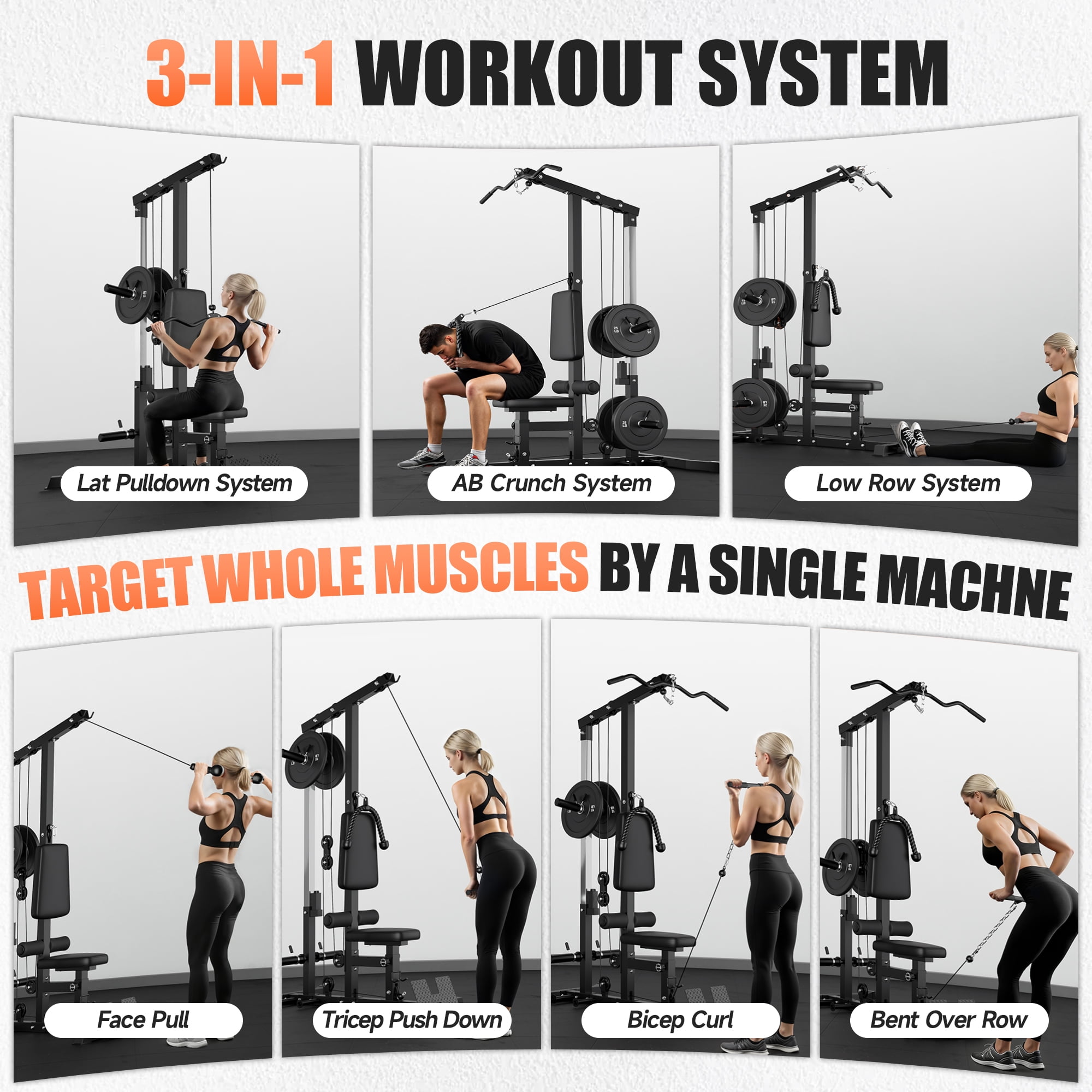 MITONOS 3 in 1 LAT Pulldown Machine,LAT Row Cable Machine with AB Crunch and Cable Row Attachments for Home Gym,High or Low Pulley Stations with Weight Plates (Black)
