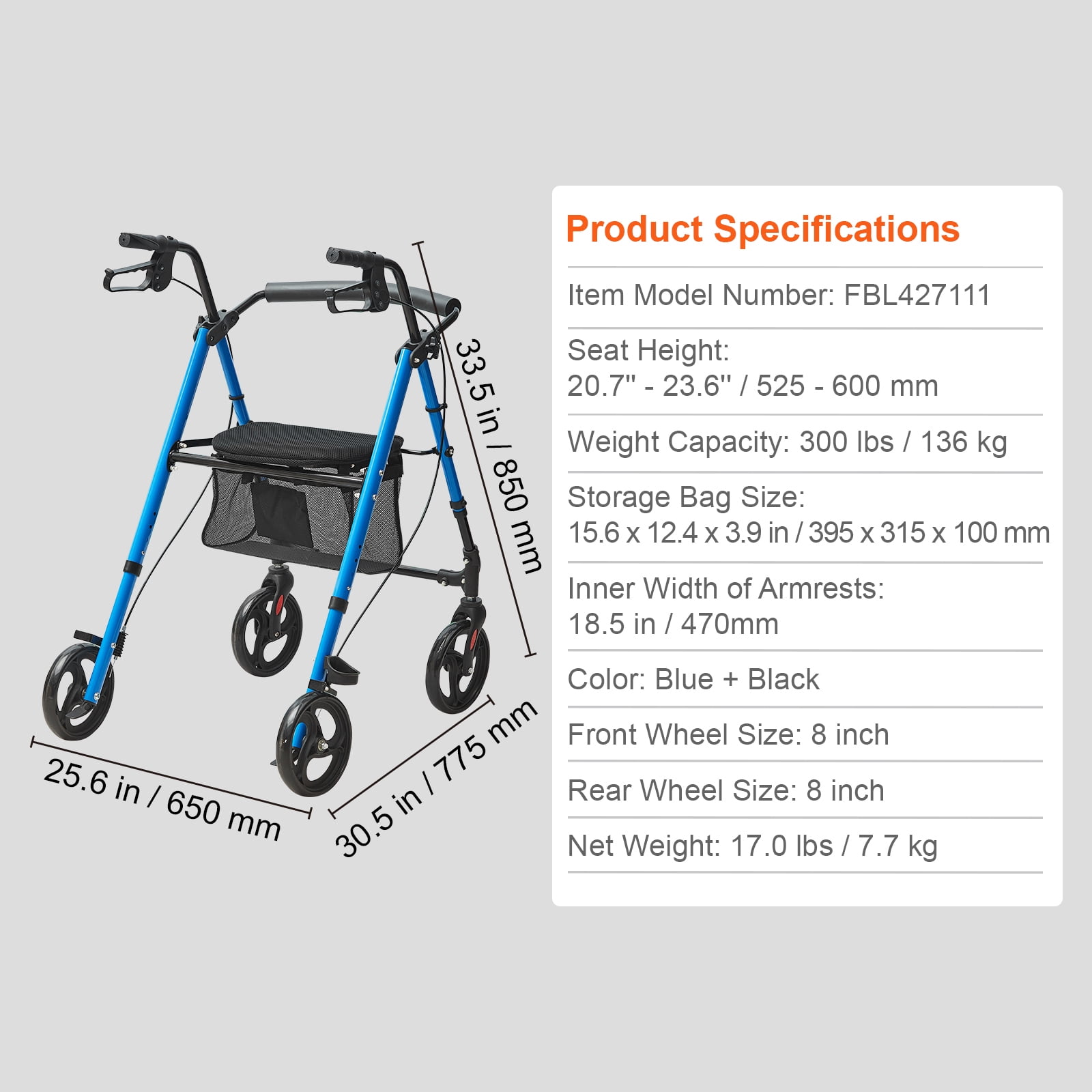 KFFKFF Rollator Walker With Seat, Aluminum Rolling Walker, Height Adjustable, 8" All Terrain Wheels, Foldable Design, 300 LBS Weight Capacity