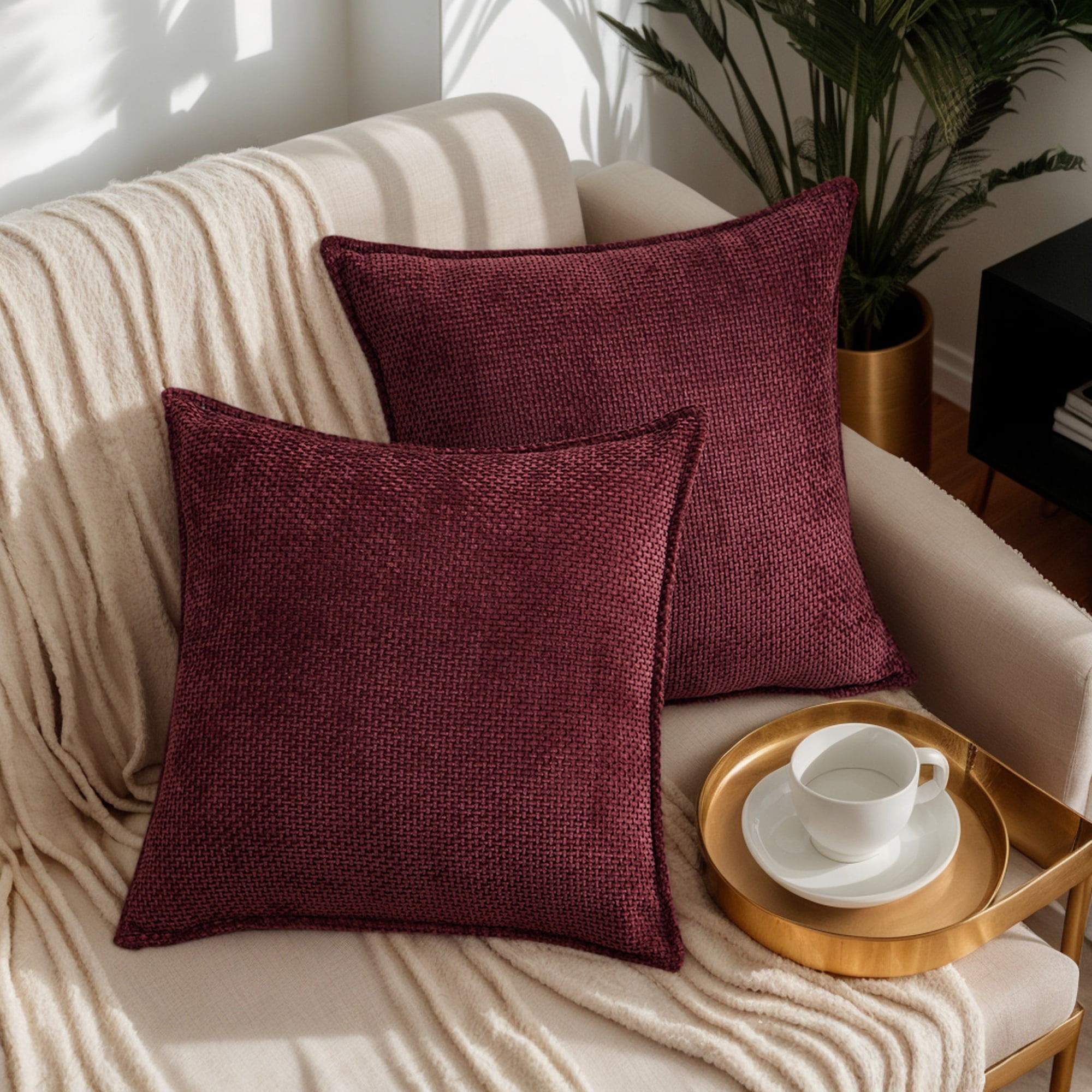 Unique Bargains Solid Chenille Decorative Throw Pillow Covers Pack of 2 Claret 18" x 18"