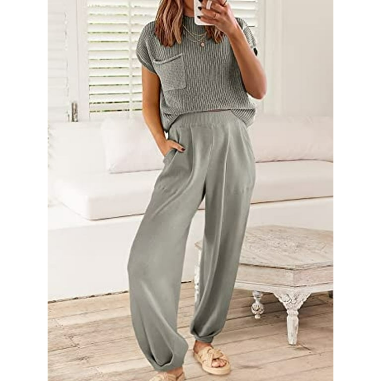 Sweater Sets Women Two Piece Outfits Casual Round Neck Pullover Top Knit  Wide Leg Pants Sweater Lounge Sets Sweatsuit