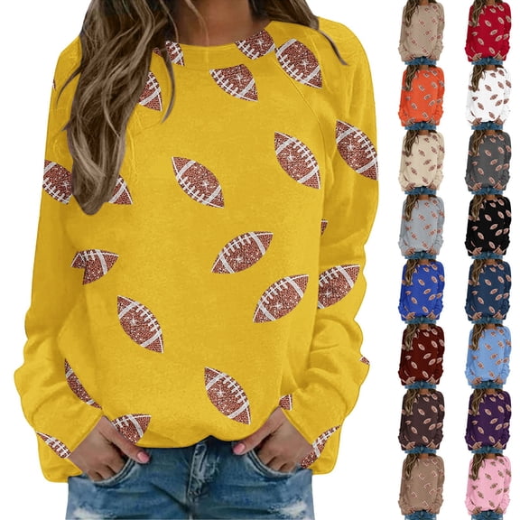 Kelon Game Day Women Crew Neck Pullover Sweatshirt Football Print Graphic Shirts Lightweight Fashion Tops Casual Daily Loose Fit Going Out Clothing, M