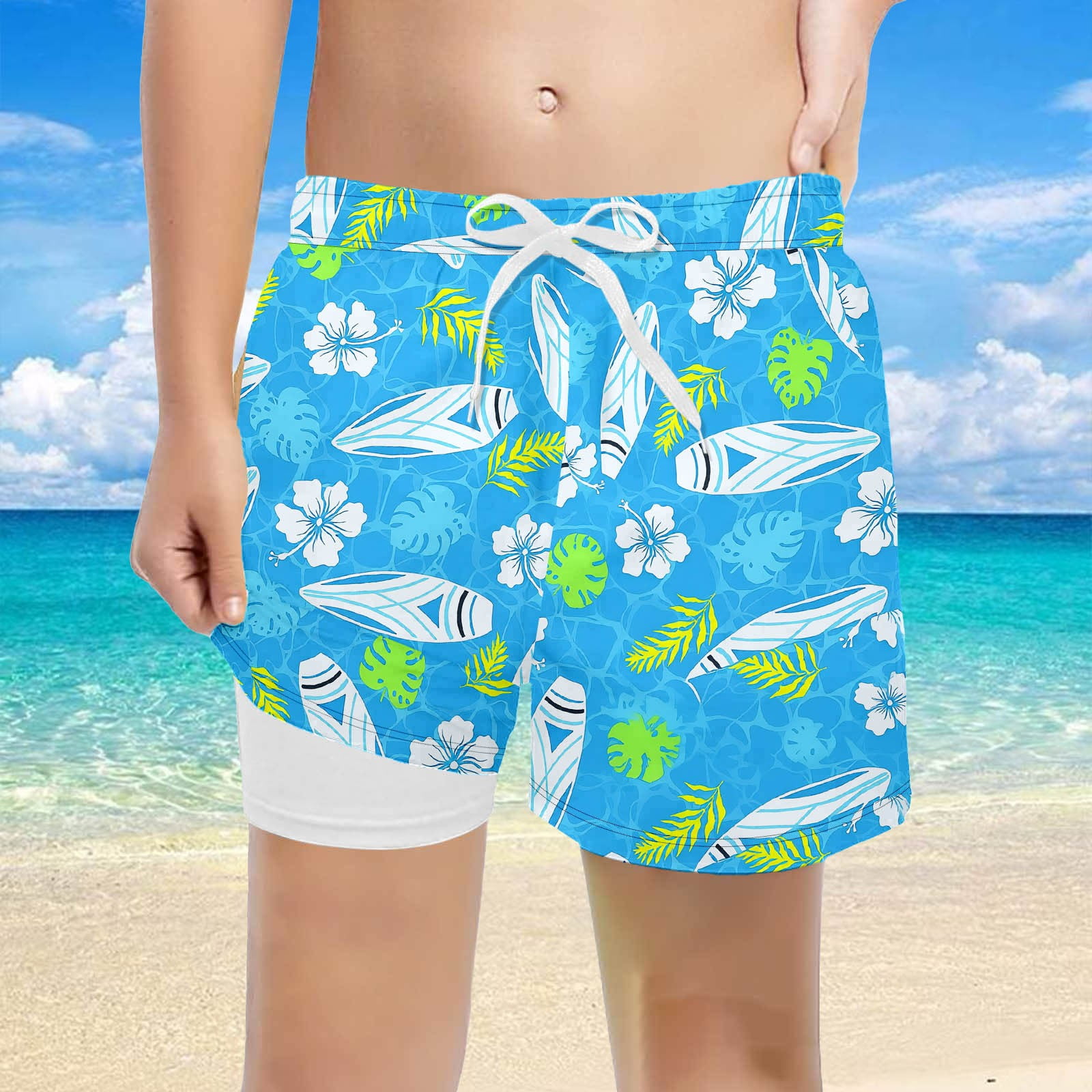 Gelikeya Kids Boys Swim Trunks Size 7-8 Cute Summer Print Bathing Suits Drawstring Elastic Waist Swimming Shorts Beachwear Blue