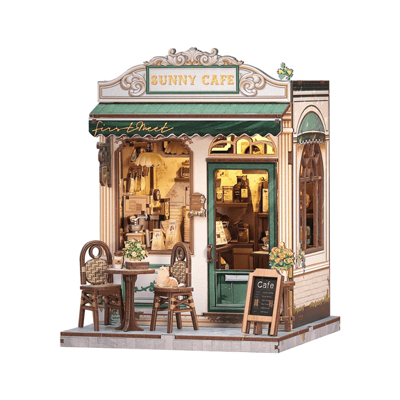 Book Nook Miniature Dollhouse Kit Sunny Cafe Bookshelf Decor Alley Model Adult DIY Wood with LED Lights 10.8 in Height 2.5 in Width