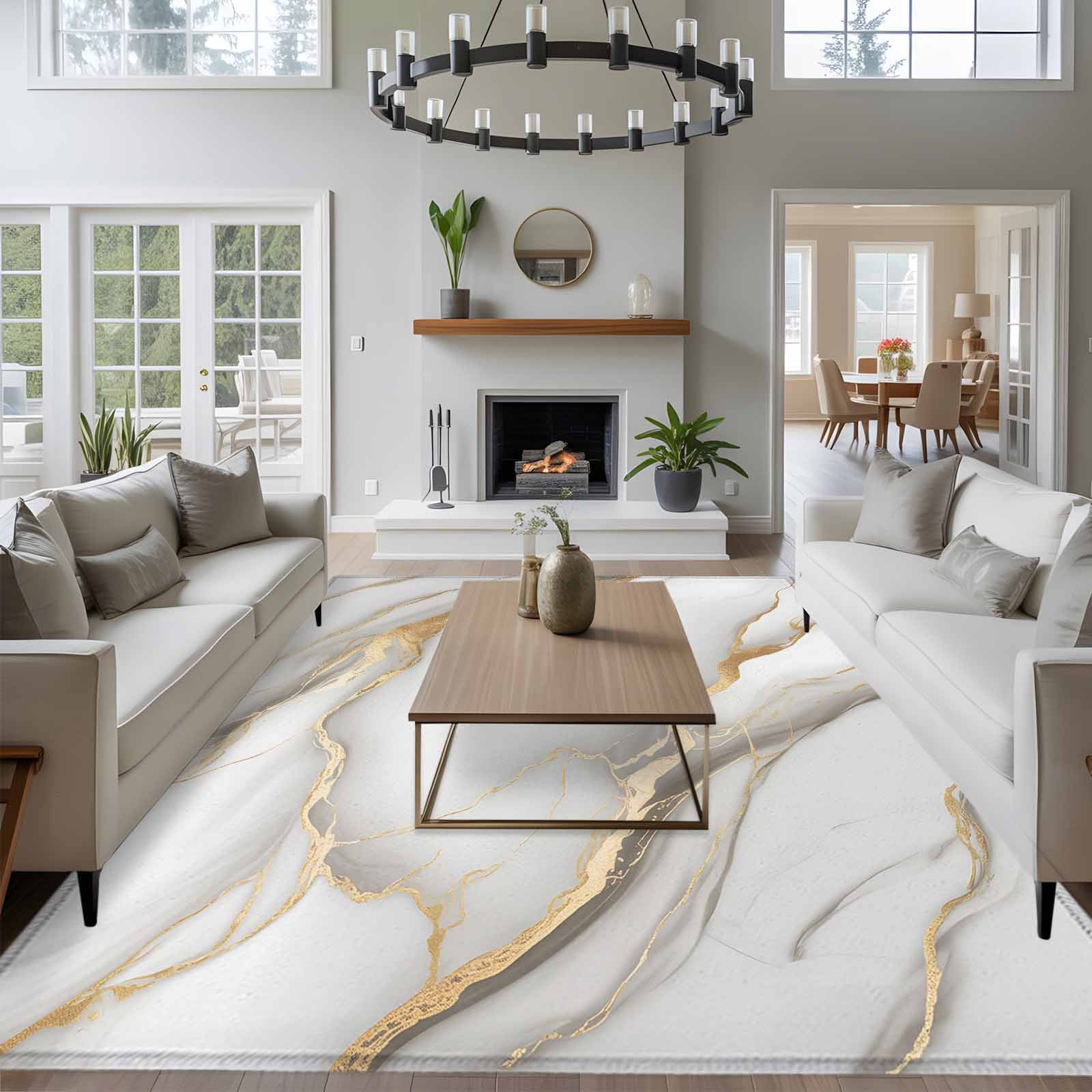 8x10 Area Rugs for Living Room, White Golden Marble Non Slip Area Rugs for Kitchen Bedroom Entryway, Modern Abstract Art Marble Flow Washable Carpet Runner Rug Floor Mats for Bedroom Home Decor