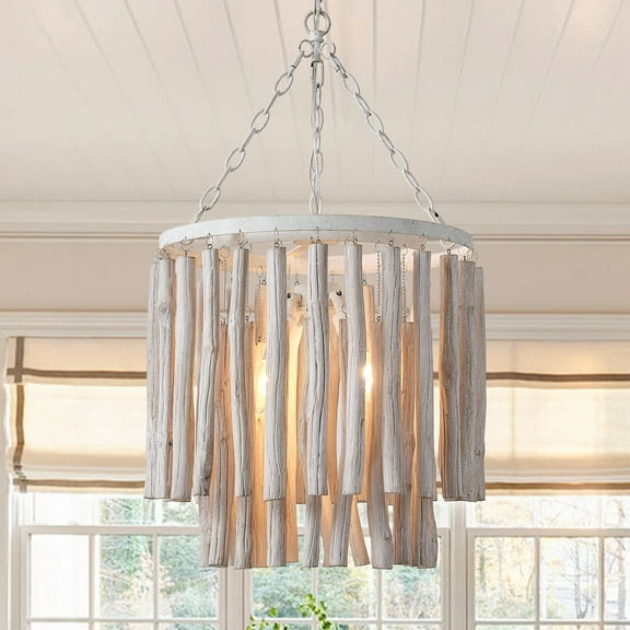Parrot Uncle 17" Boho 2-Tier White Wood 4-Light Dimmable Chandelier