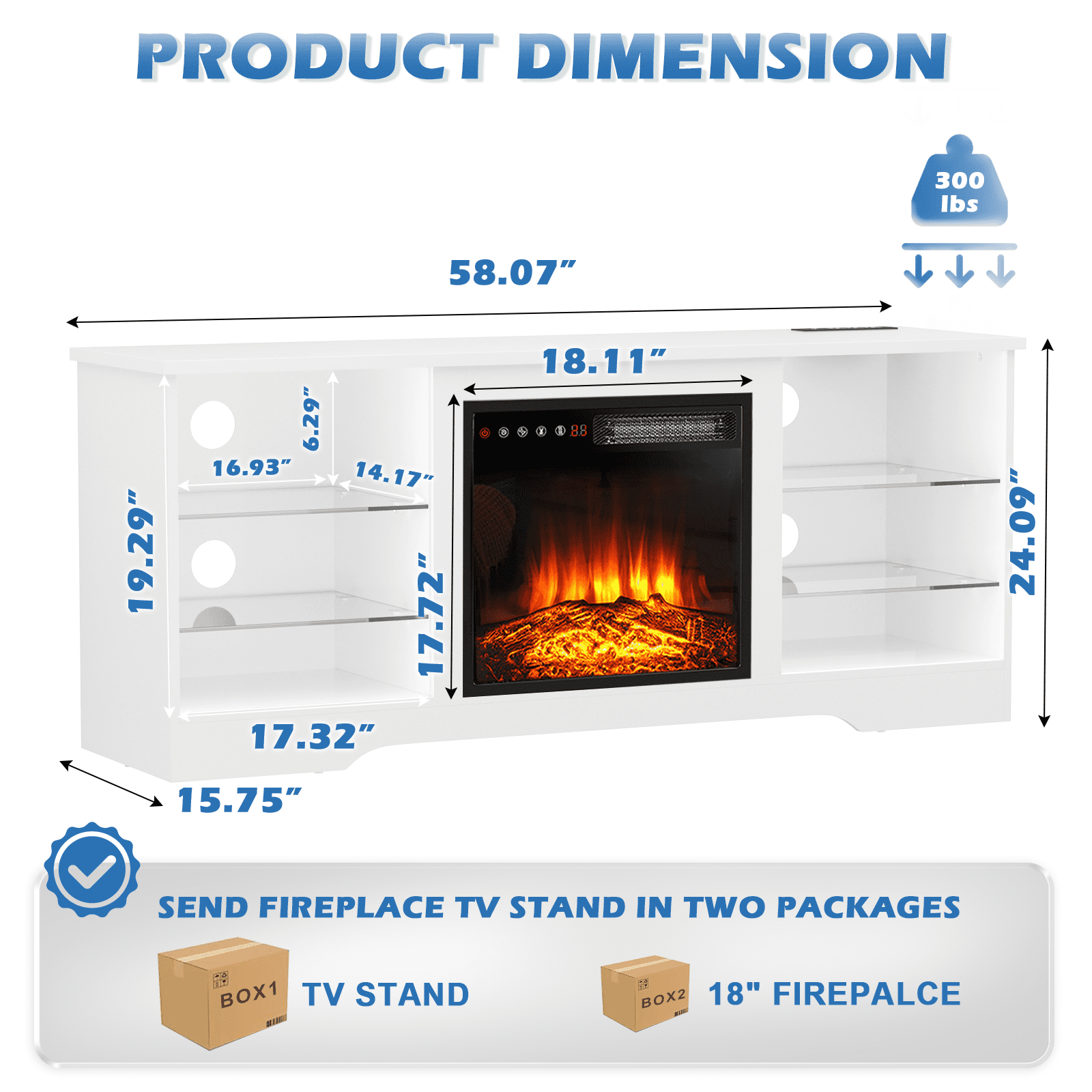 Waleaf Fireplace TV Stand with 18'' Fireplace for TVs up to 65 inch, Two Adjustable Glass Shelves Modern Entertainment Center for Living Room with LED Light