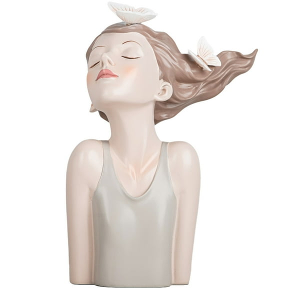 Decorative Butterfly Girl Bust Sculpture, Resin Figurine with Butterflies, Sage Green and Beige, Modern Home Decor