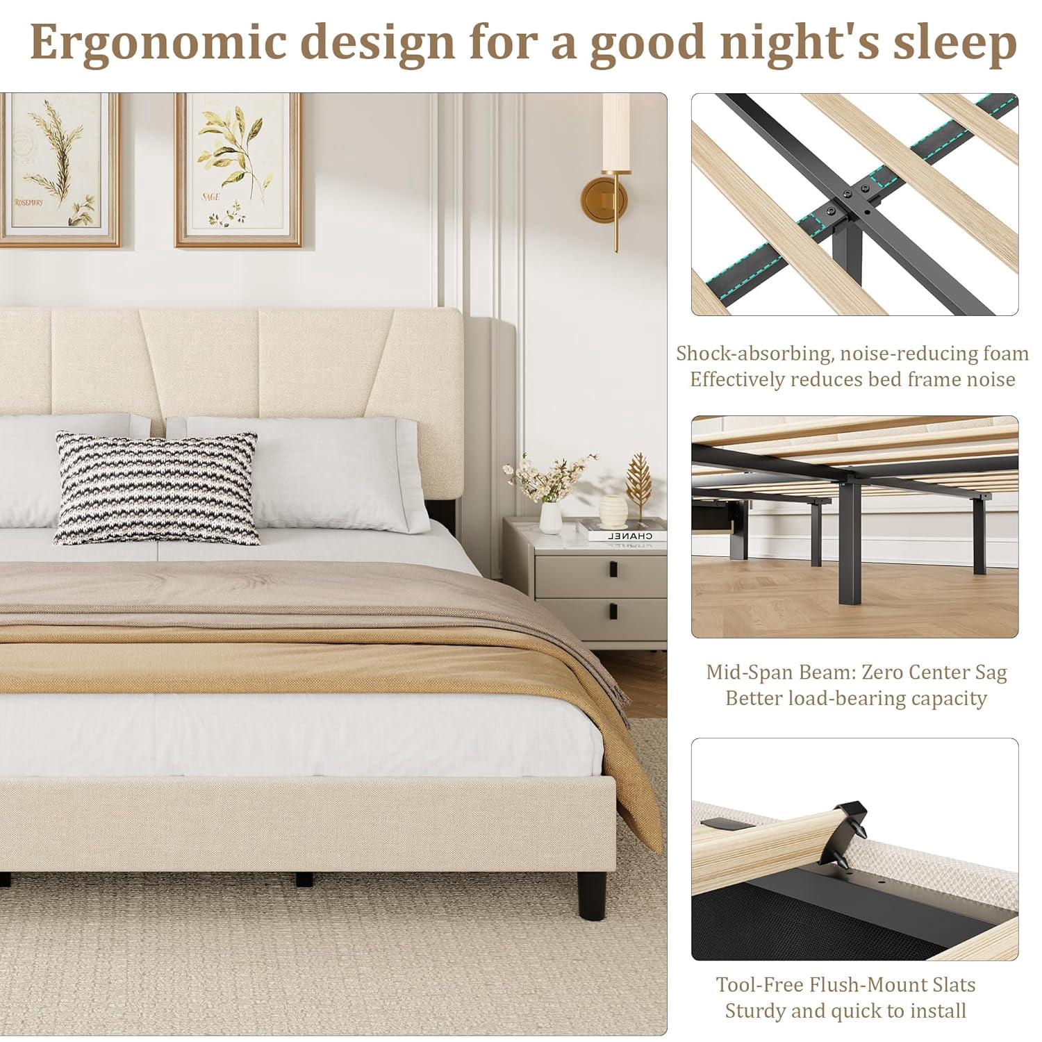 King Size Bed Frame with Adjustable Headboard, Linen Upholstered King Platform Bedframe with Strong Wooden Slats, Mattress Foundation, No Box Spring Needed, Easy Assembly