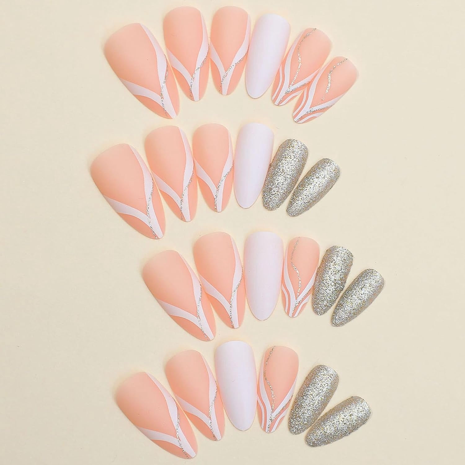 Almond Press on Nails Short Length Acrylic Medium Glue on Almond Shape Fake Nails with Glitter Design Glossy Full Cover Artificial Gel False Stick on Nail for Girls Women Wedding 24Pcs White with
