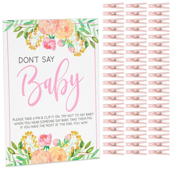 Floral Baby Shower Clothespin Game For Girl, Don't Say Baby Theme with 60 Pink Clothes Pins and 8x10-Inch Sign
