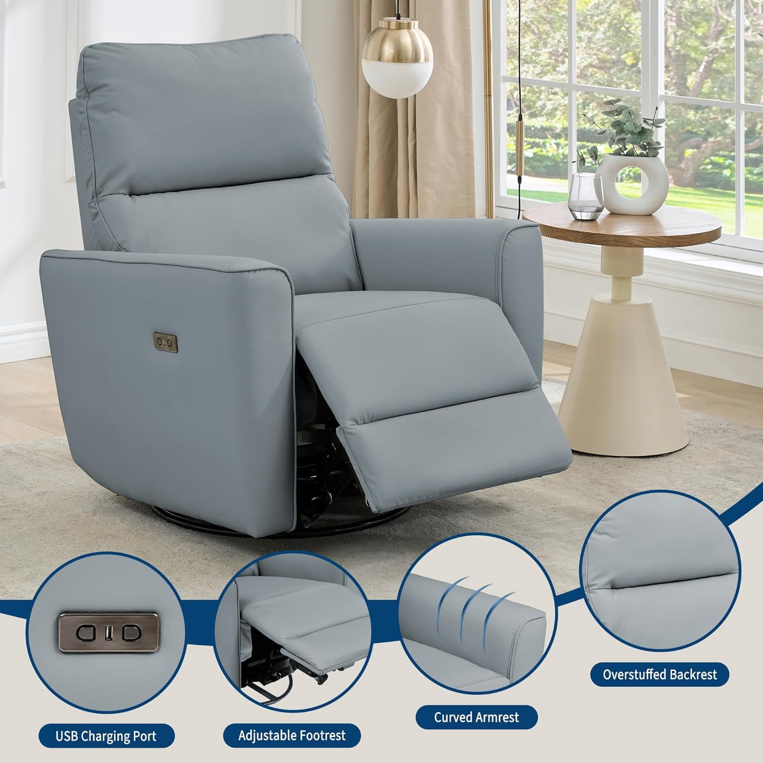 Power Recliner Chair 270° Swivel Rocking Glider with USB Port PU Leather Upholstered Nursery Chair with Adjustable Backrest for Living Room Office Home Theater and Nursery