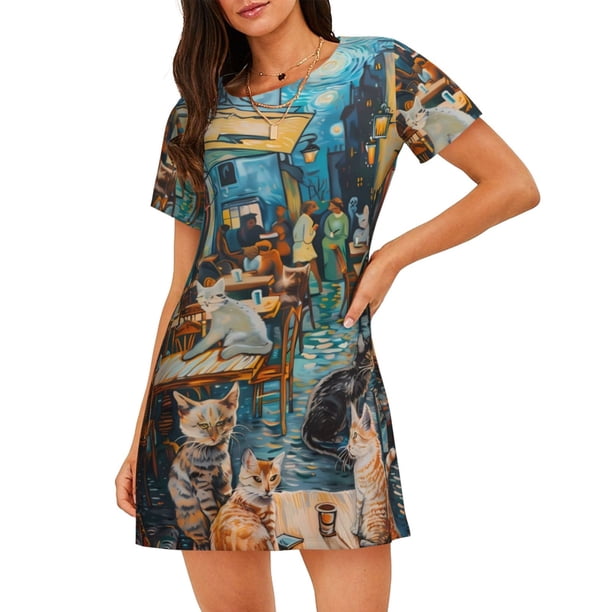 Disketp Whimsical Cats Night Cafe para Camisón Corto de Manga Corta para Mujeres, Camisón Cómodo con Escote Redondo, Bonito y Confortable