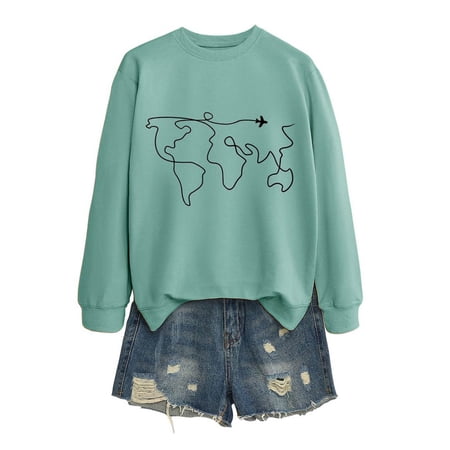 FYEGRE Women s Printed Crew Neck Sweatshirt Winter Casual Loose Simple Hoodless Sweatshirt Graphic Print Long Sleeve Shirt Green XXL