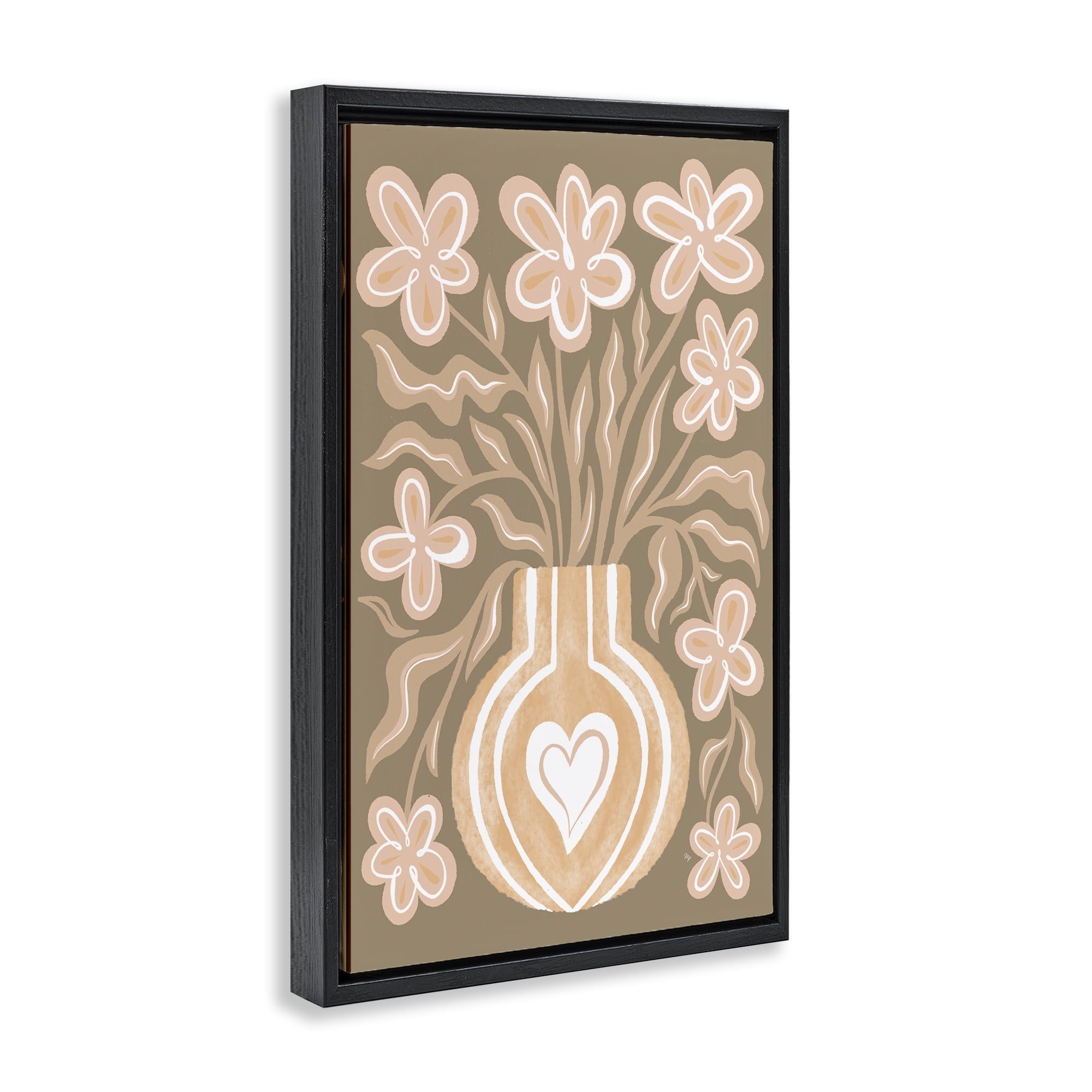 Stupell Industries Pink Retro Flower Vase Floral & Botanical Painting Black Floater Framed Canvas Art Print Wall Art, 17 x 25