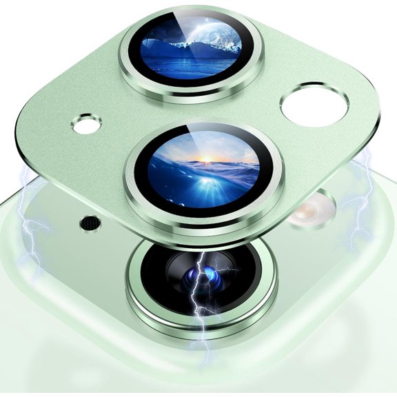 Compatible with iPhone 15 / iPhone 15 Plus Camera Lens Protector, [Not Easy to Break][Strong Adsorption][Case-Friendly] Metal Tempered Glass Rear Camera Screen Cover - Green