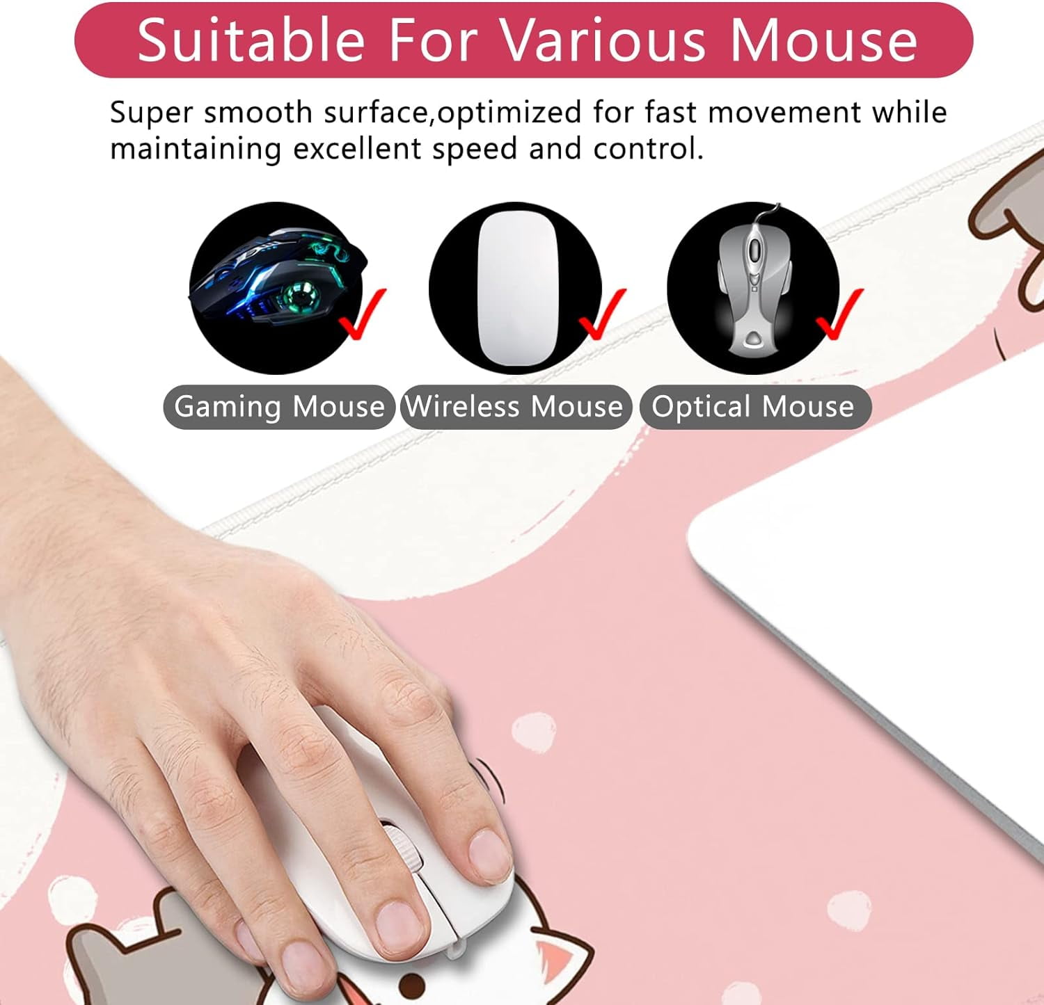 Pink Gaming Mouse Pad Gift for Women Cute Large Mouse Pad 35.4x15.7 inch Extra Large Rubber Mouse Pad Cat Theme Pink and White Mouse Pad (Pink -4)