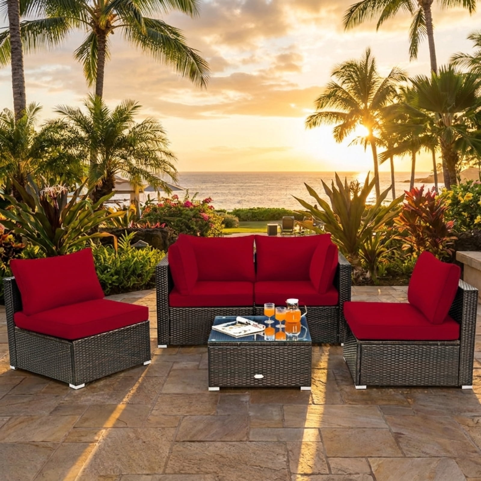 Furnibear 5 Piece Cushioned Patio Rattan Furniture Set with Glass Table, Outdoor Wicker Conversation Set with 4 Chairs for Garden Backyard, Red