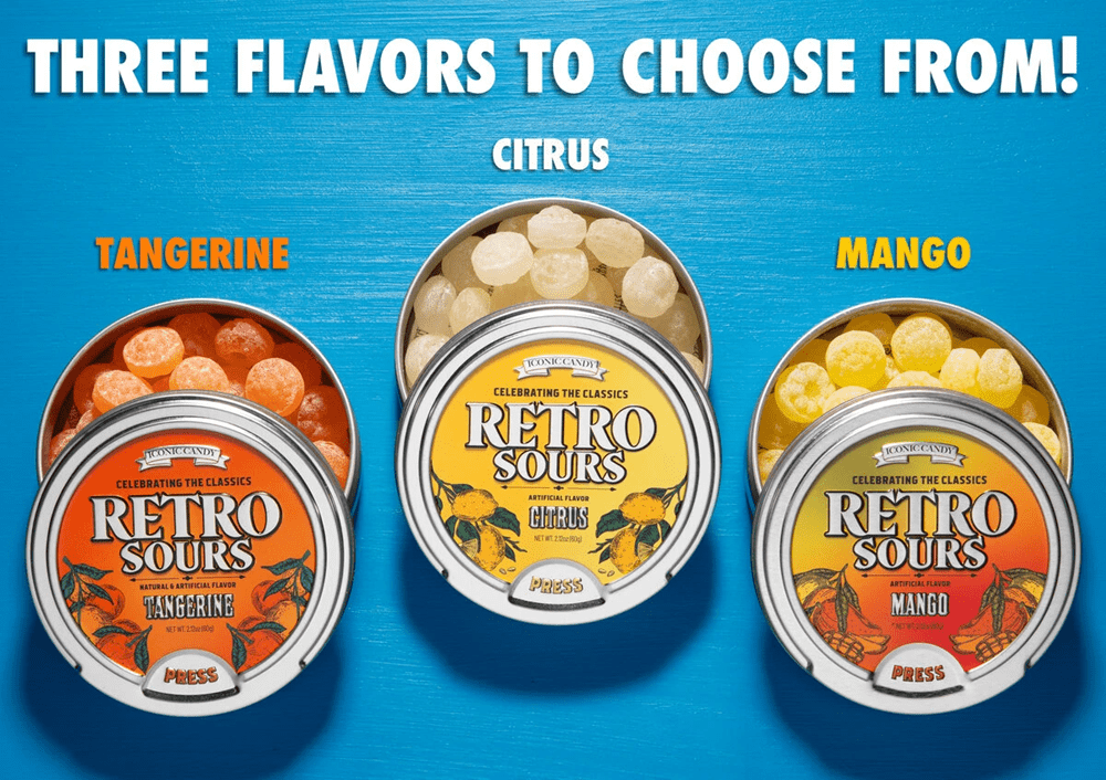 6-Pack Retro Sours Candy - Citrus Flavor,  Classic Sour Hard Candy in Tins