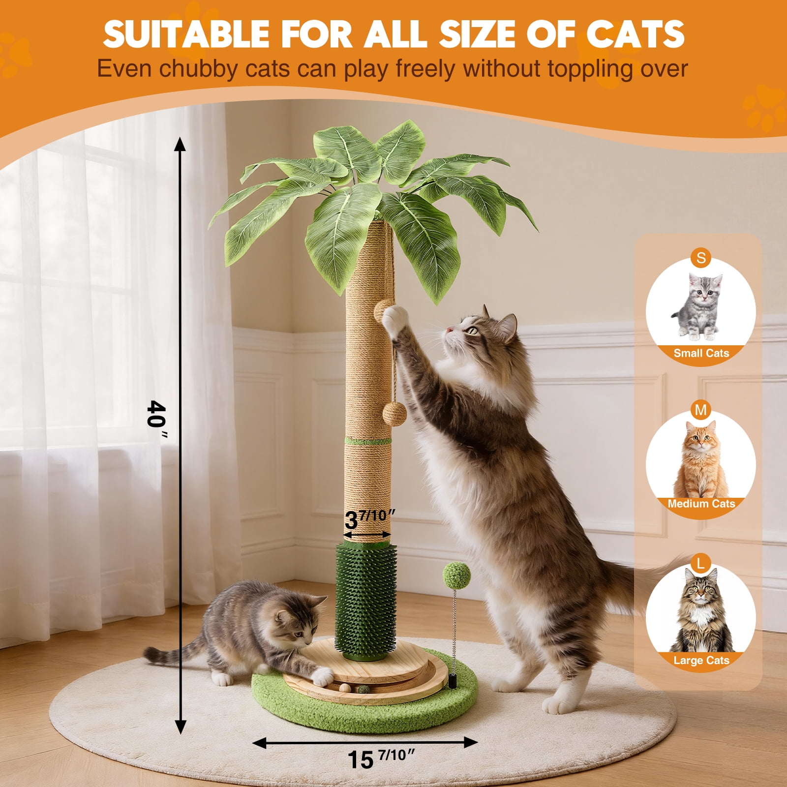 40'' Tall Cat Scratcher with Sisal Rope,Cat Scratching Posts for Indoor Cats with Interactive Ball,Self Groomer with Hanging Ball for for Kittens Adults Cats