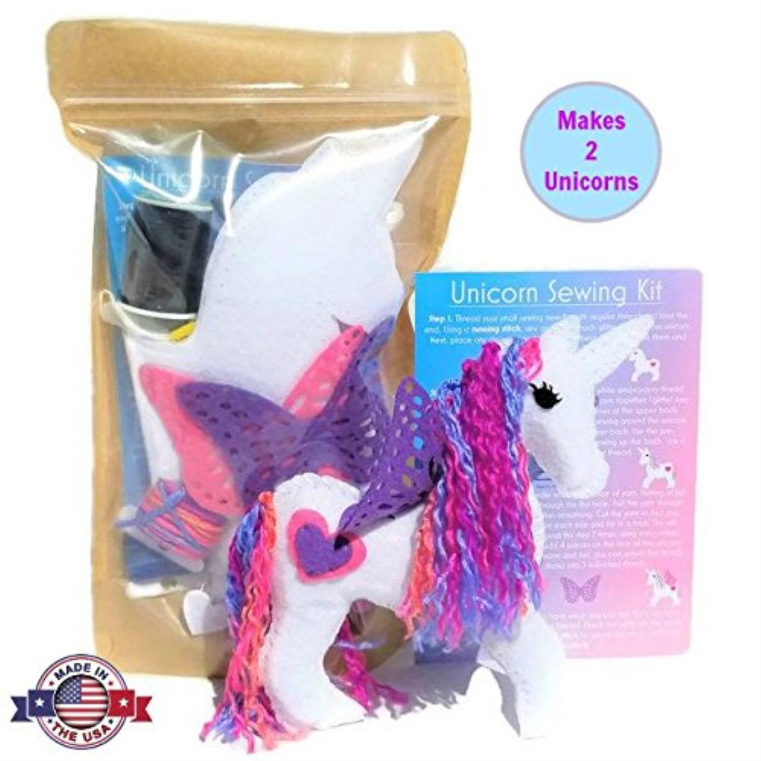 Wildflower Toys Unicorn Sewing Kit Girls Felt Craft Kit Beginners ages 7+ Makes 2 Glitter