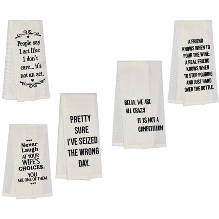 Decorative Funny Kitchen Towels - Set of 5 100% Cotton Witty Flour Sack Tea Towels Dish Towels for Wedding, Baby Shower, Home Decor, Housewarming, Other Occasions Size 15 X 25 Inch.