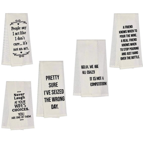 Decorative Funny Kitchen Towels - Set of 5 100% Cotton Witty Flour Sack Tea Towels Dish Towels for Wedding, Baby Shower, Home Decor, Housewarming, Other Occasions Size 15 X 25 Inch.