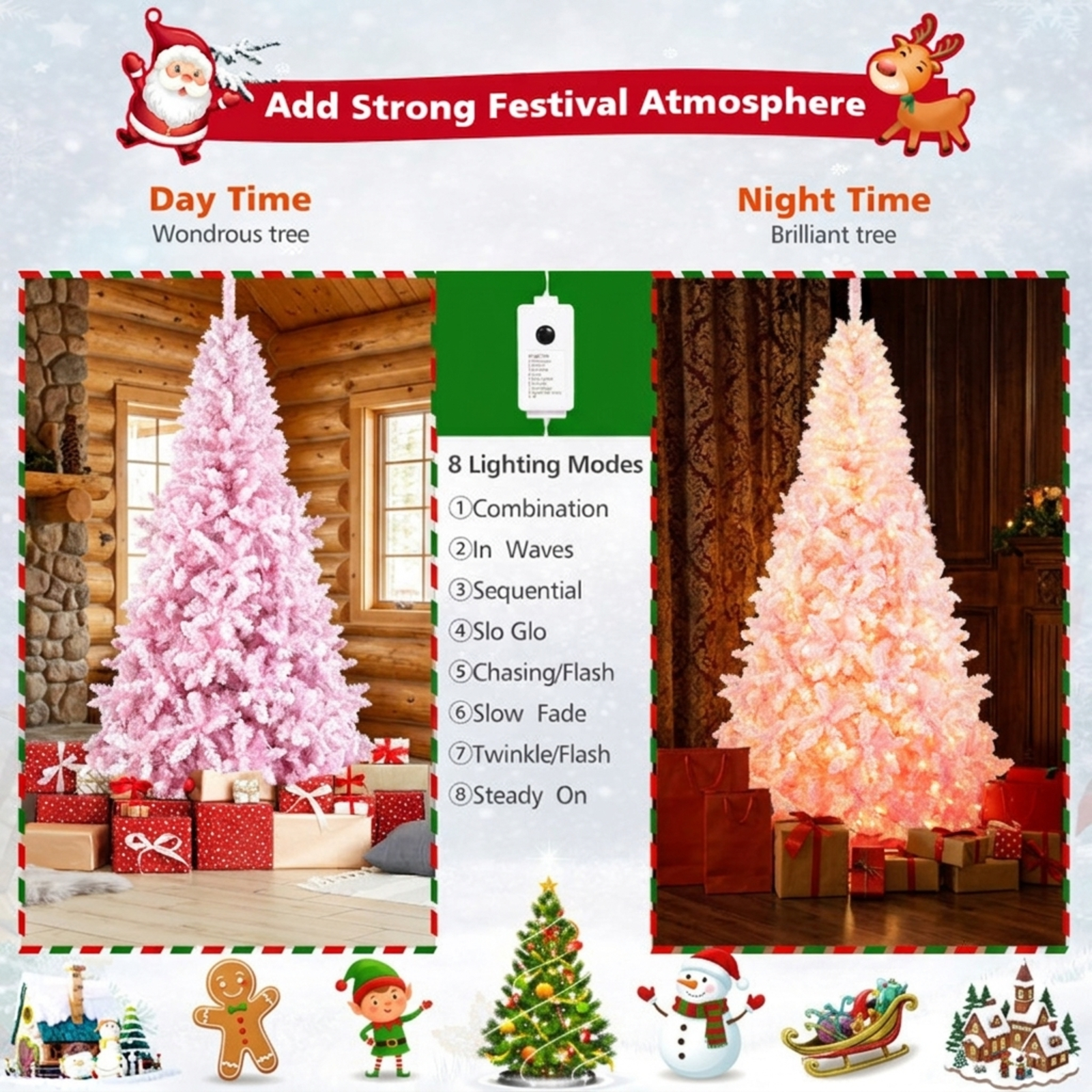 RUIE 7.5 ft Pink Flocked Christmas Tree, Pre-Lit Artificial Xmas Tree with 450 LED Lights and 1100 Branch Tips for Holiday Decor